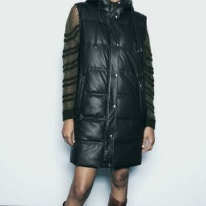 Black Sleeveless Faux Leather Puffer Coat
